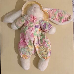 Vintage Plush Creations Bunny Rabbit Plush Floppy Ears Pastel Florals Straw Hat